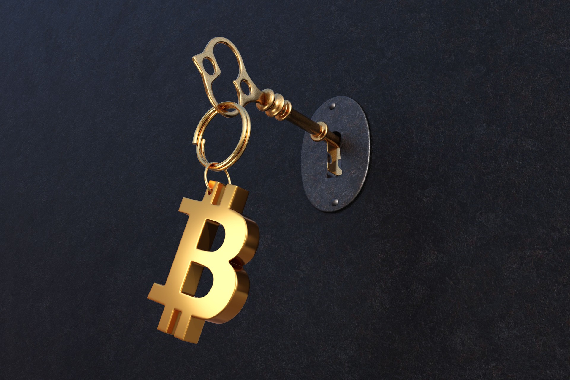 Old golden key with a bitcoin key holder put into a rusty metallic door. Illustration of the concept of the key to successful investment in cryptocurrencies