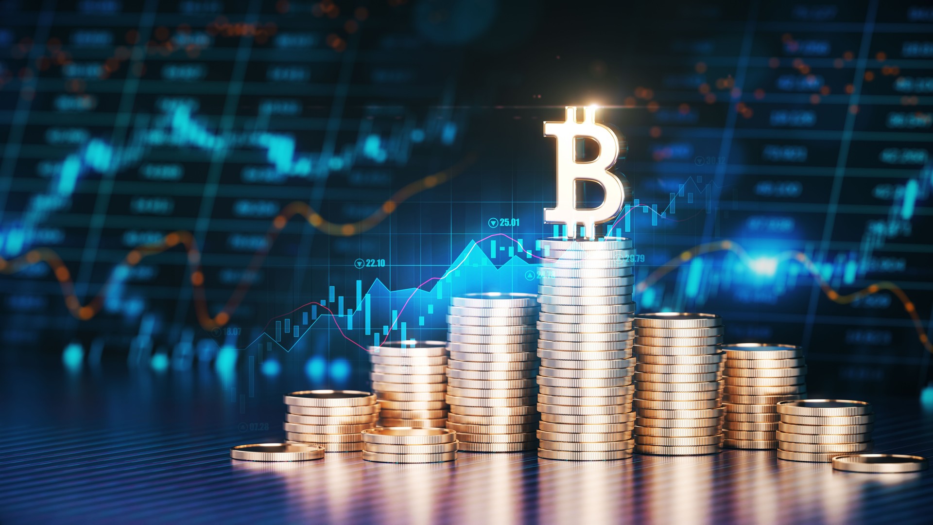 The Bitcoin Symbol on Top of Stacks of Coins in Front Of a Financial Chart in the Background