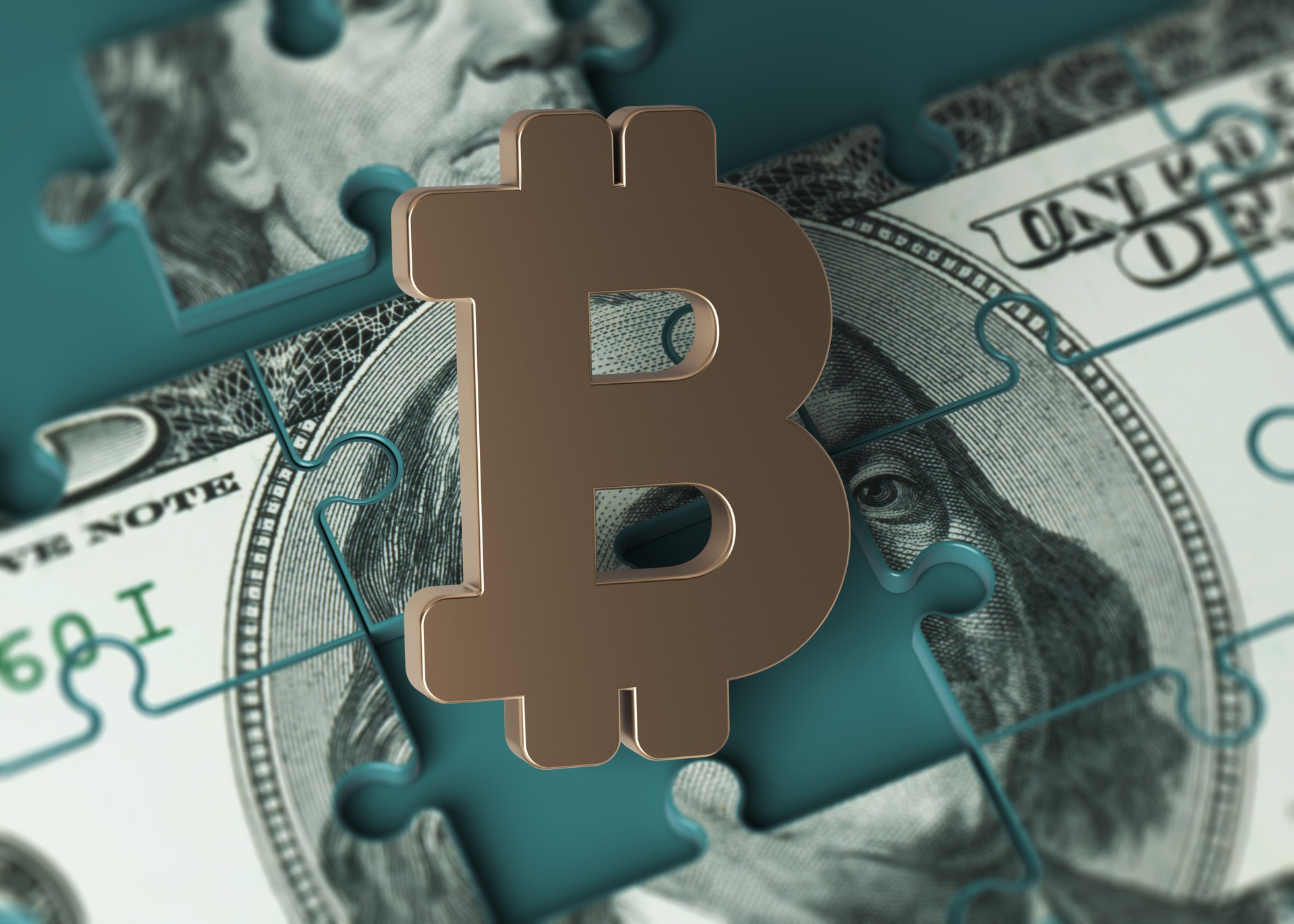 Puzzle-shaped 100 American dollar banknote and gold-colored Bitcoin symbol.