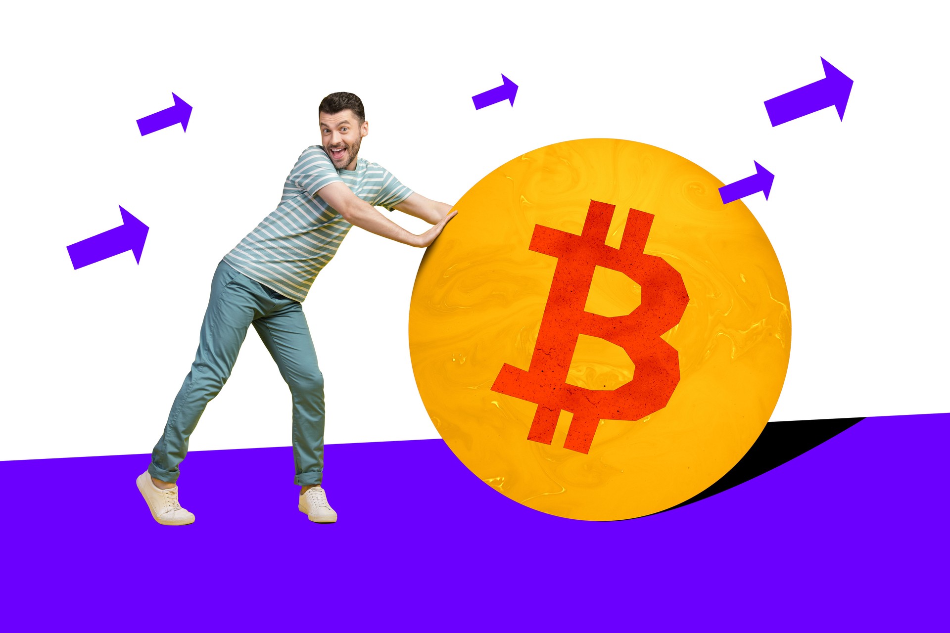 Trend artwork composite sketch image 3D photo collage of young man walk hold hand pull push huge bitcoin coin money arrow show direction